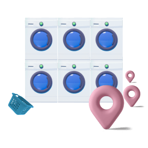 Imagem com ícones de máquinas de lavar e pins de localização.